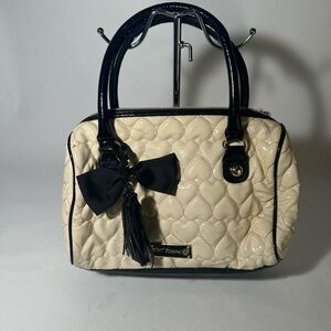 Betsey Johnson Cream and Black Quilted Satchel with Heart Pattern